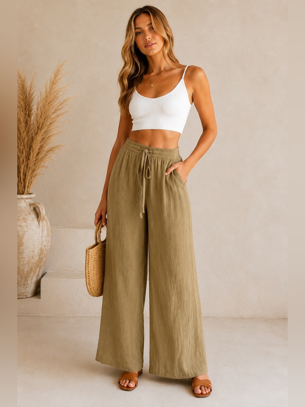 Mustard Seed Olive Bronze Crinkle Wide Leg Pants S Lined Resort Coastal